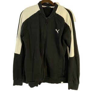 Puma sweater zip up pockets white shoulders no size tag black white medium READ